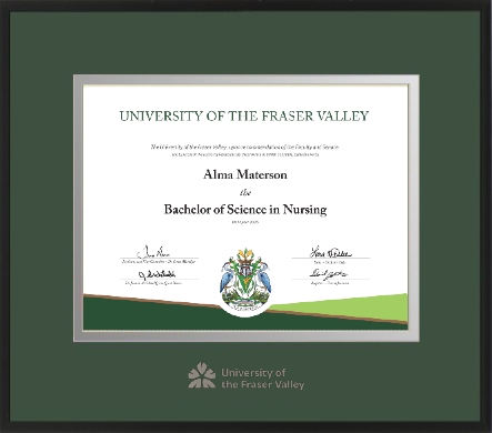 Satin black metal diploma frame with silver embossed UFV logo